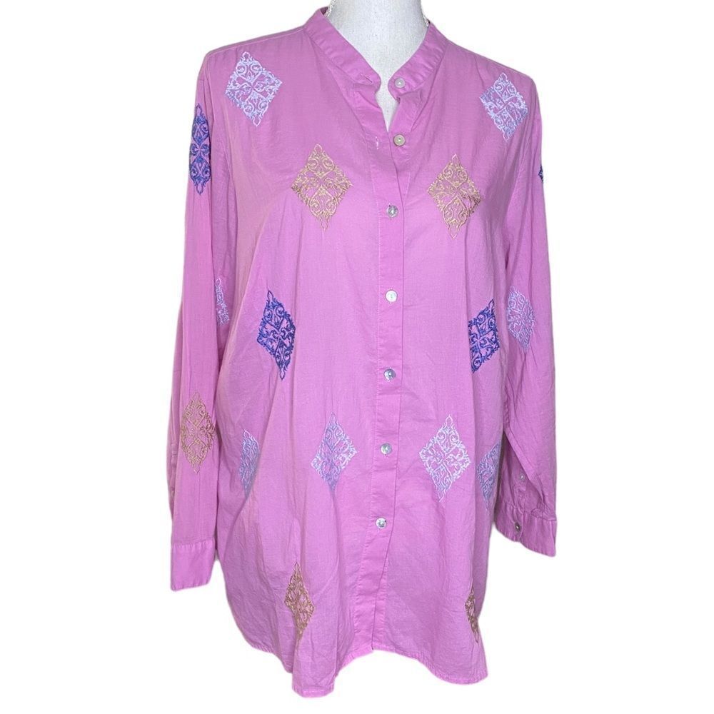 J. Jill Wm’s Sz XL Pink Multi Colored Embroidered Button-Front Tunic Blouse